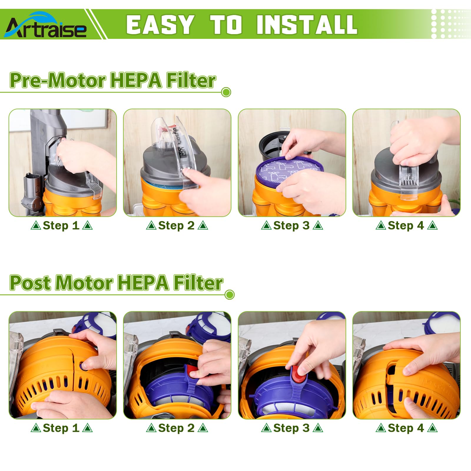 Filter Replacement Parts for Dyson DC25 Ball Vacuum Cleaner, 2 Pre-Motor Filters & 2 Post Motor HEPA Filters, Fits All DC25 Models -Compare to Part # 919171-02 and 916188-06