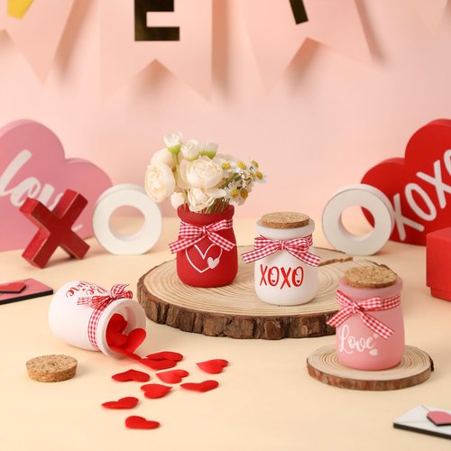 4 Pcs Valentines Day Tiered Tray Decor, Mini Mason Jars for Valentines Table Decor, Valentines Gift for Women, Small Valentines Day Decorations for Home, Office, Tiered Tray, Desk, Shelves