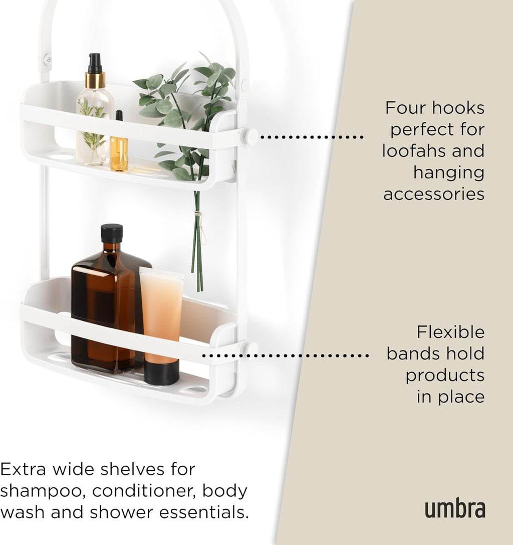 Umbra Flex Shower Caddy - 2-Tier Hanging Organizer with Bathtub Shelf | Stylish White Design