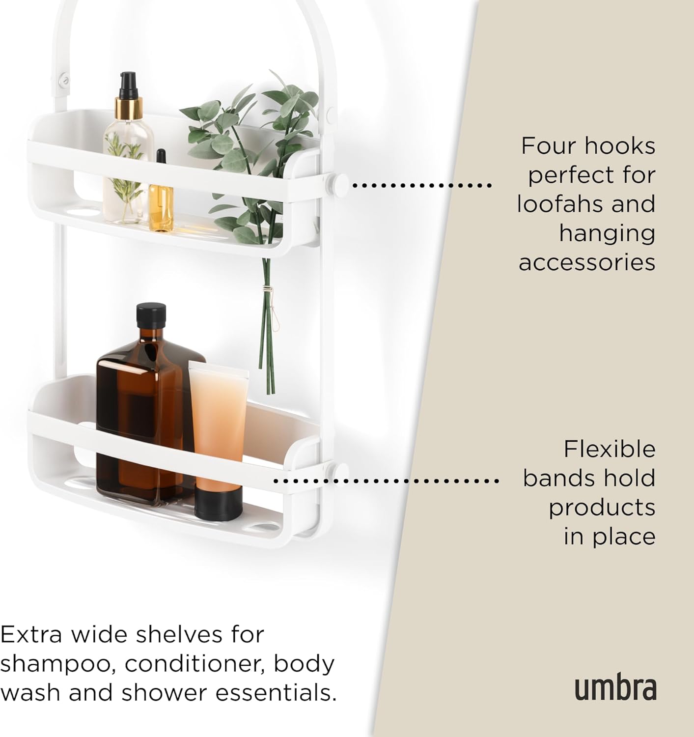 Umbra Flex Shower Caddy - 2-Tier Hanging Organizer with Bathtub Shelf | Stylish White Design