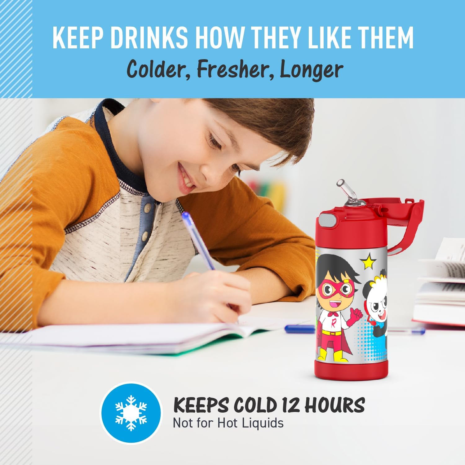 Thermos Funtainer 12 Ounce Kids Straw Bottle - Stainless Steel Vacuum Insulated | Ryan's World Design