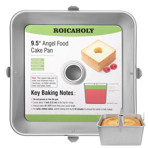 Roicaholy Square Angel Food Cake Pan with Removable Bottom, 9.5 Inch Aluminum Alloy Tube Pan with Cooling Feet, 24-Cup Capacity for Chiffon and Sponge Cakes