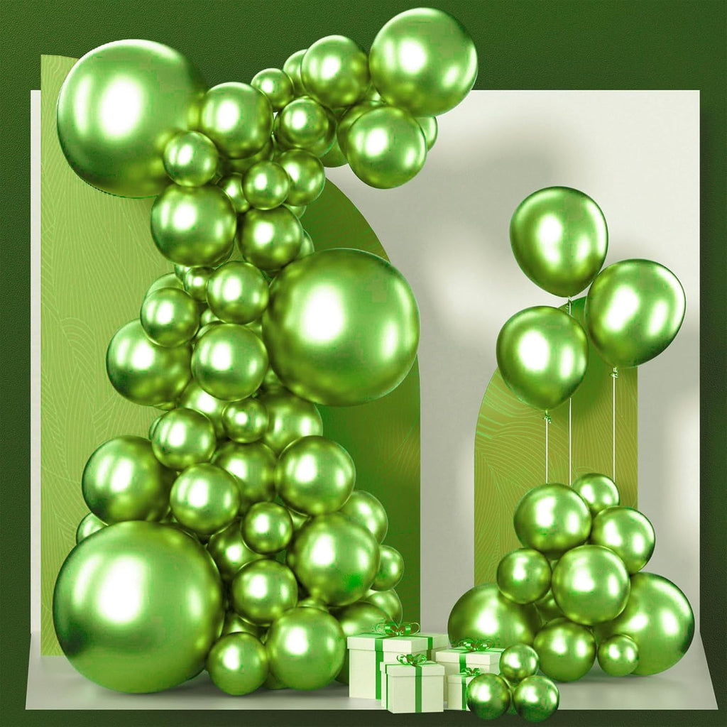 PartyWoo Metallic Green Balloons - 100pcs in Various Sizes for Graduation & Wedding Decor