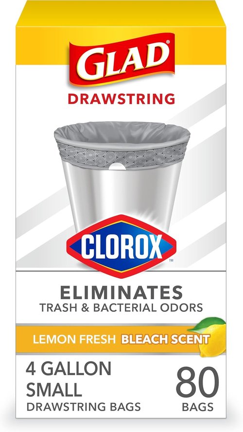 Glad Small Drawstring Trash Bags - 4 Gal, Lemon Fresh Bleach Scent, 80 Count Pack