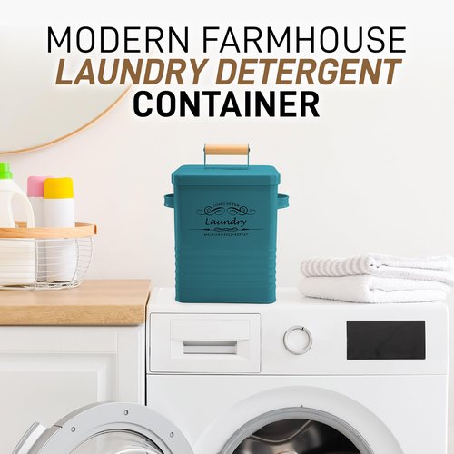 ELITAPRO Detergent Storage Container with Scoop & Lid- Modern Farmhouse Metal Powder Dispenser for Laundry Room Decor and Accessories (Teal)