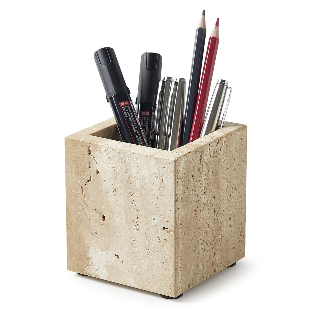 Real Natural Travertine Marble Toothbrush Holder & Pen Holder & Makeup Brush Holder & Utensil Holder, Genuine Stone Rectangular Bathroom Tumbler Cup, Durable Office & Home Countertop Organizer