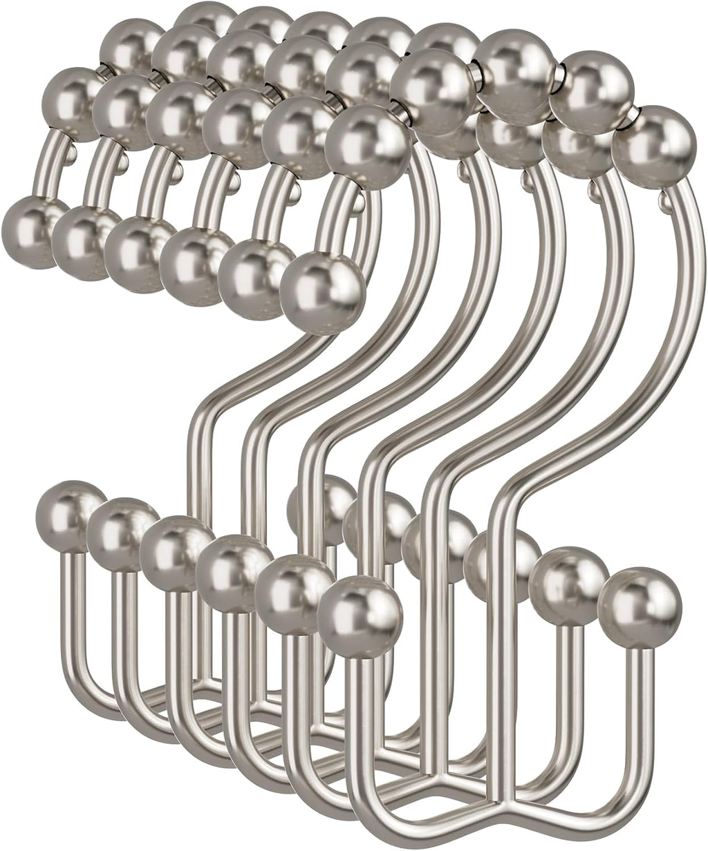 Amazer Shower Curtain Hooks - 12PCS Rust-Resistant Metal Double Rings for Easy Curtain Rolling | Nickel Finish