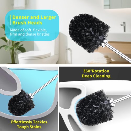 TUUGOTOUU Toilet Bowl Brush and Holder Solid Long Handle Toilet Brush for Bathroom with Heavy Duty 304 Stainless Steel Base and 2 Brush Heads for Domestic Deep Cleaning Under Rims (Silver 1)