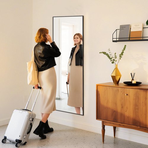 NEWBULIG Full Length Mirror 59.2"x16" for Bedroom, Full Body Mirror with Stand, Hanging or Leaning for Wall, Aluminum Alloy Thin Frame Floor Standing for Living Room, Long, Black