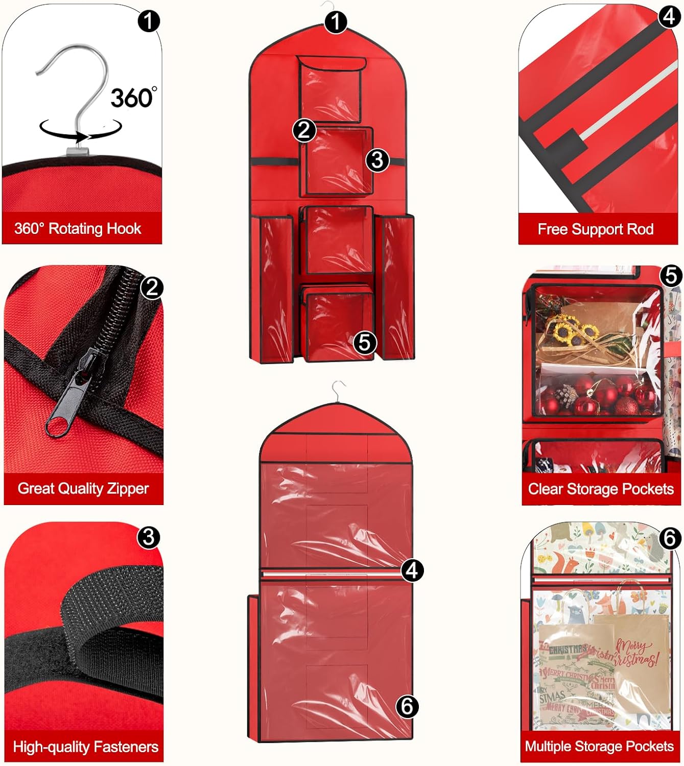 Woodoulogy Extra Large Gift Wrapping Paper Storage - 48x24 Red Double-Sided Christmas Organizer | Oxford Craft Roll Holder