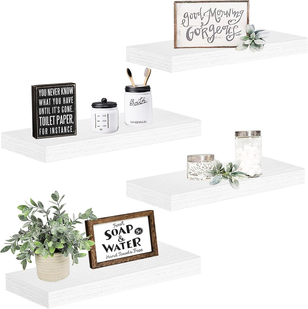 QEEIG Floating Wall Shelves - Stylish 16-Inch Bathroom & Bedroom Storage - Set of 4, White
