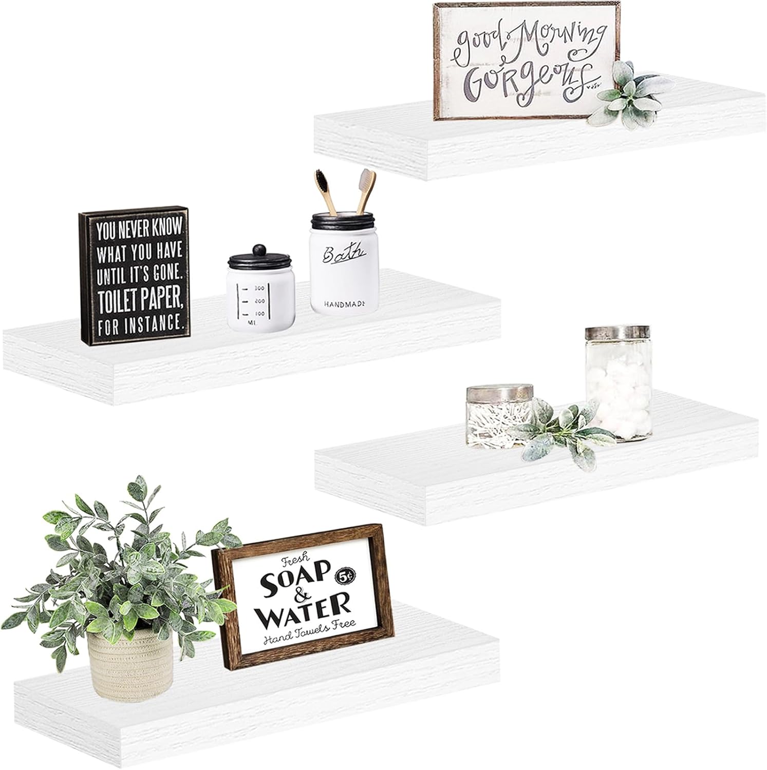 QEEIG Floating Wall Shelves - Stylish 16-Inch Bathroom & Bedroom Storage - Set of 4, White