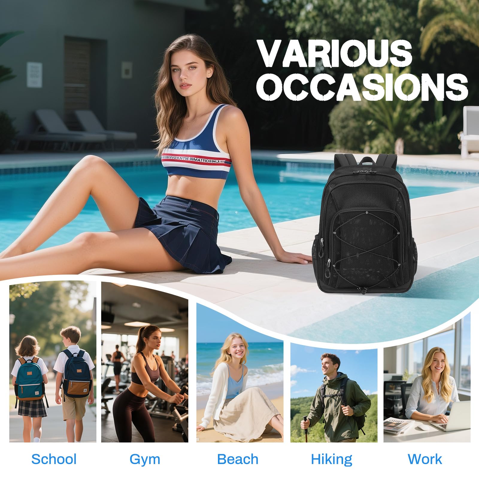 Sisipoet Mesh Backpack, Heavy Duty Mesh Bookbag for Girls Boys Kids, See Through Clear Backpacks, Net Backpack Transparent Breathable for School Beach Swim Travel Outdoor, Black