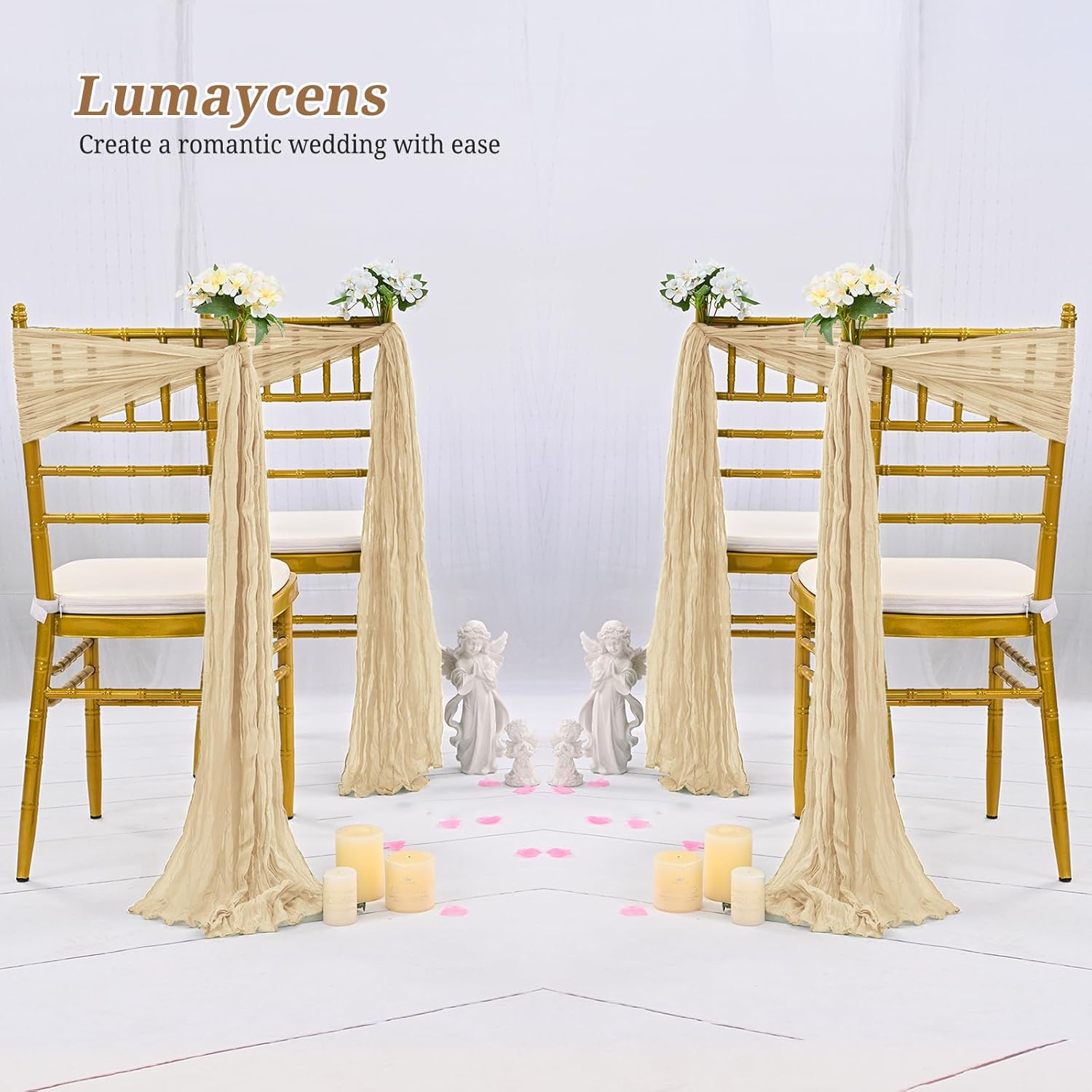 Skiennix 50 PCS Cheesecloth Chair Sashes - Elegant Wedding Aisle Decorations | Beige Ribbon Ties
