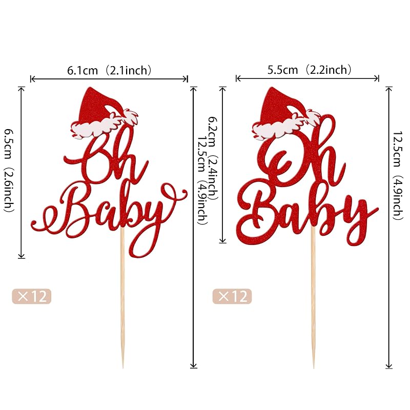 Oh Baby Cupcake Toppers 24 Pcs Red Glitter Santa Hat - Design 6 for Merry Christmas Baby Shower