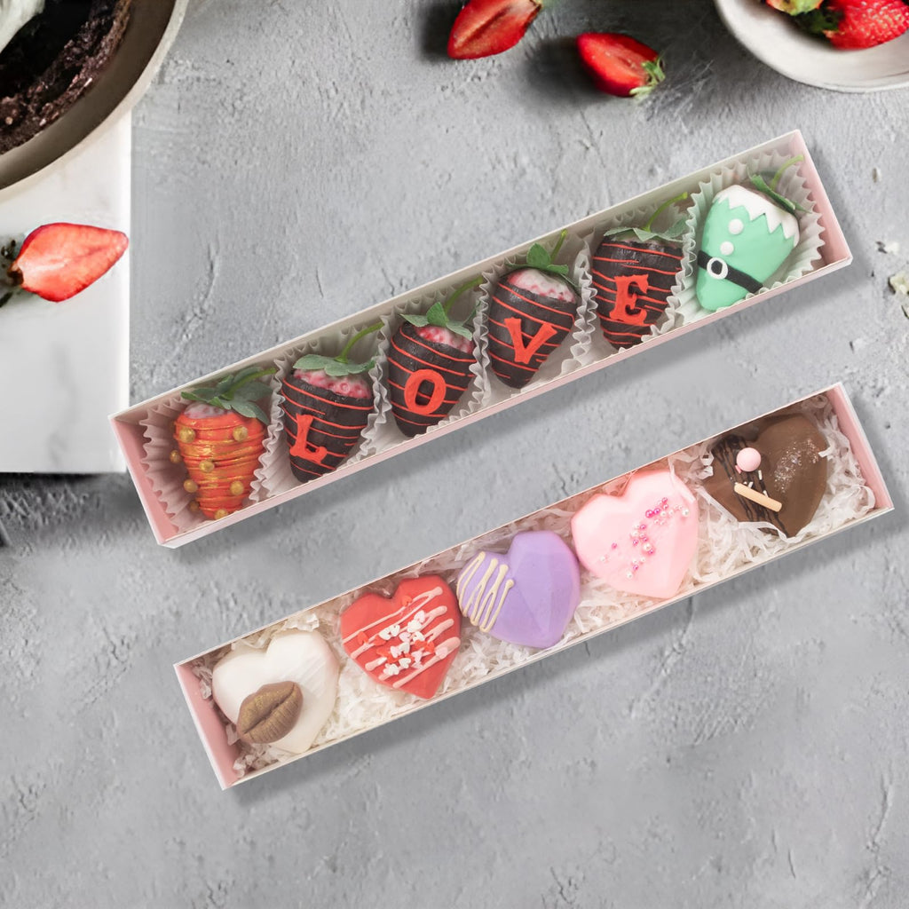 Romantic Baking 50 Pack Long Chocolate Covered Strawberry Macaron Truffle Cocoa Bomb Cookies Bakery Boxes (12x2x2 Inches)