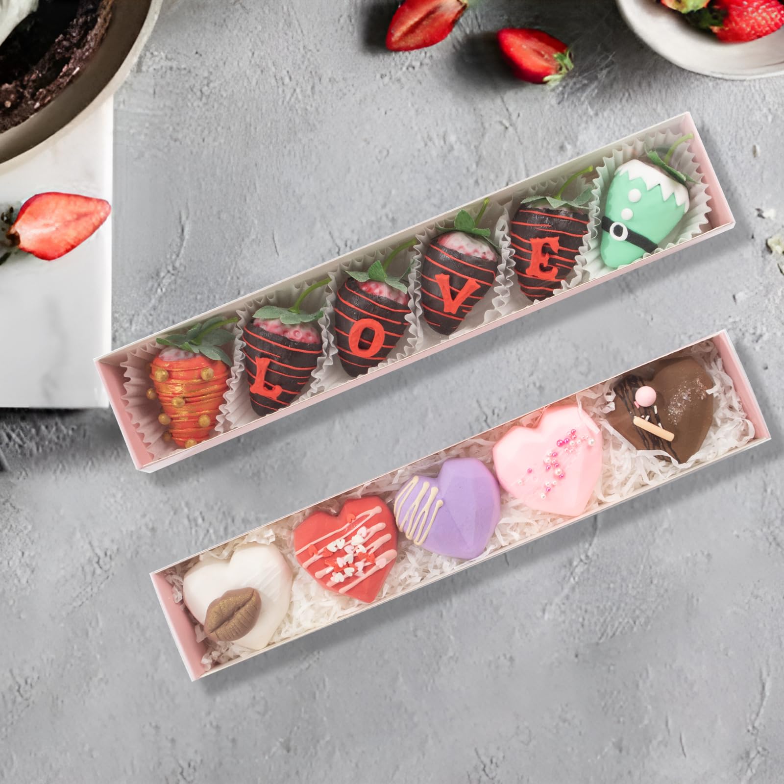 Romantic Baking 50 Pack Long Chocolate Covered Strawberry Macaron Truffle Cocoa Bomb Cookies Bakery Boxes (12x2x2 Inches)