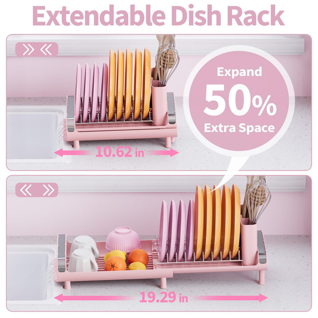 TOOLF Small Dish Drying Rack, Mini Expandable Compact Dish Rack, Slim Extendable Stainless Steel Dish Drainer for Kitchen Plate Storage, Space Saving Dish Strainer in Sink or on Home Countertop, Pink