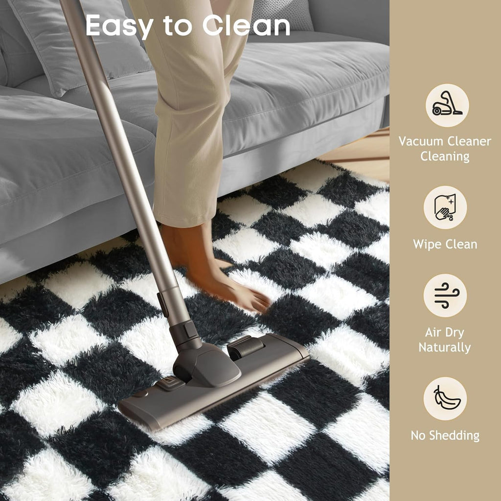 Ophanie Checkered Black & White Area Rug - Soft Fluffy Shaggy Carpet for Living Room & Bedroom | 6x9 ft