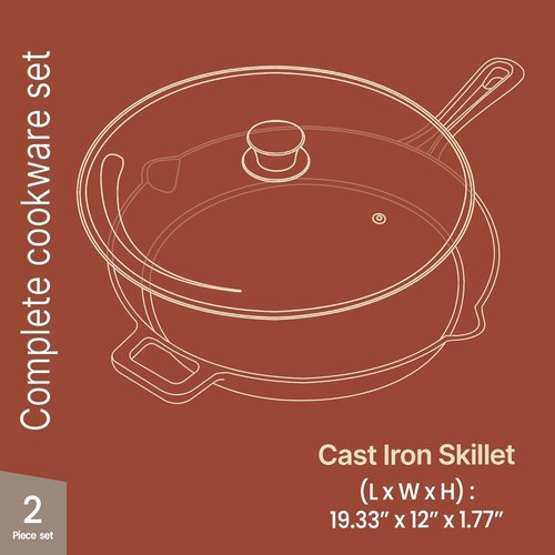 Bakken Pre-Seasoned Cast Iron Skillet - 12" Frying Pan with Glass Lid & Silicone Handle | Versatile Cookware for Even Heat Distribution