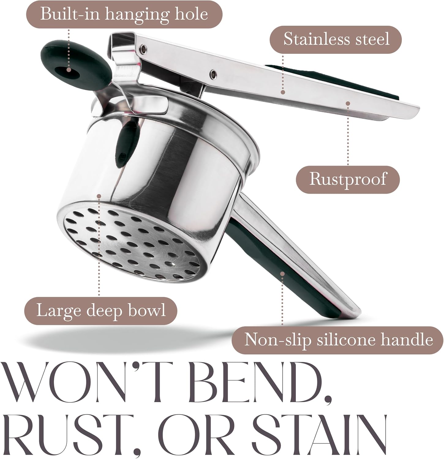 Bellemain 15 oz Large Potato Ricer - Heavy-Duty Stainless Steel Masher with 3 Discs | Perfect for Creamy Mashed Potatoes
