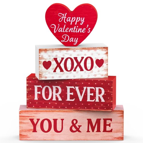 OLANRUN Valentines Day Decorations - 4 Pack Wooden Block Heart Set Signs Valentines Day Table Decor - 7.8 Inch Valentine's Decorations for Home Office Bedroom Tiered Tray Fireplace Mantel