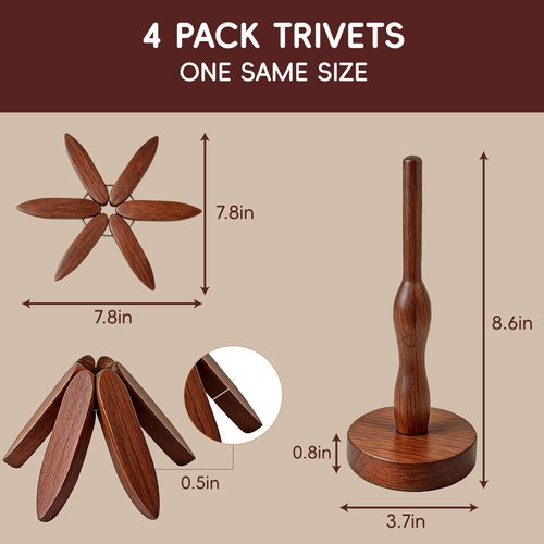 Wooden Trivets for Hot Dishes, Wooden Tree Trivet Set, Natural Tree Trivet Set - Foldable Coasters for Kitchen Counter, Hot Pots and Pans, Heat Resistant Table Protectors