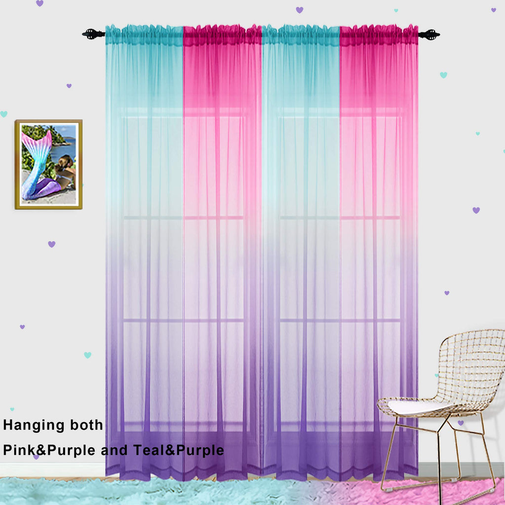Sheer Curtains for Little Girls Bedroom, Kawaii Cute Preppy Teen Toddler Ombre Rainbow Curtains for Nursery Kids Room Decor Aesthetic, Wide 52 x 84 Inches Long 2 Panels Set, Pink and Purple Lilac