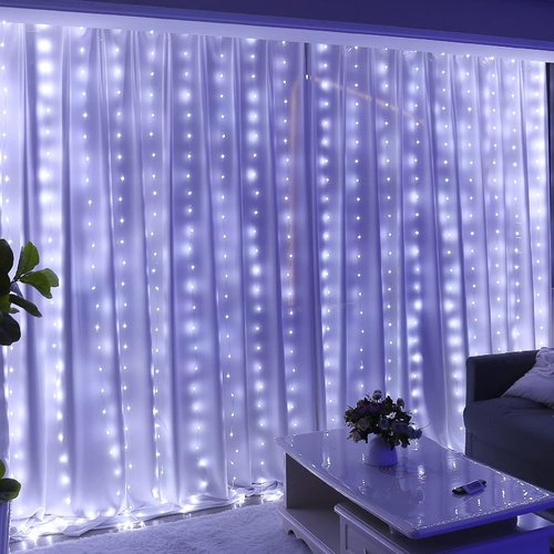 HXWEIYE Fairy Curtain Lights - 300 LED String Lights with Remote | 9.8x9.8 Ft, White, 8 Modes for Indoor Decor