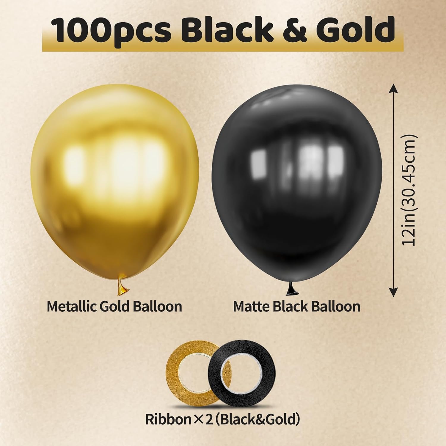 Skiennix 100 Pcs Black and Gold Balloons - 12 Inch Metallic Latex for Birthday & Graduation Decor