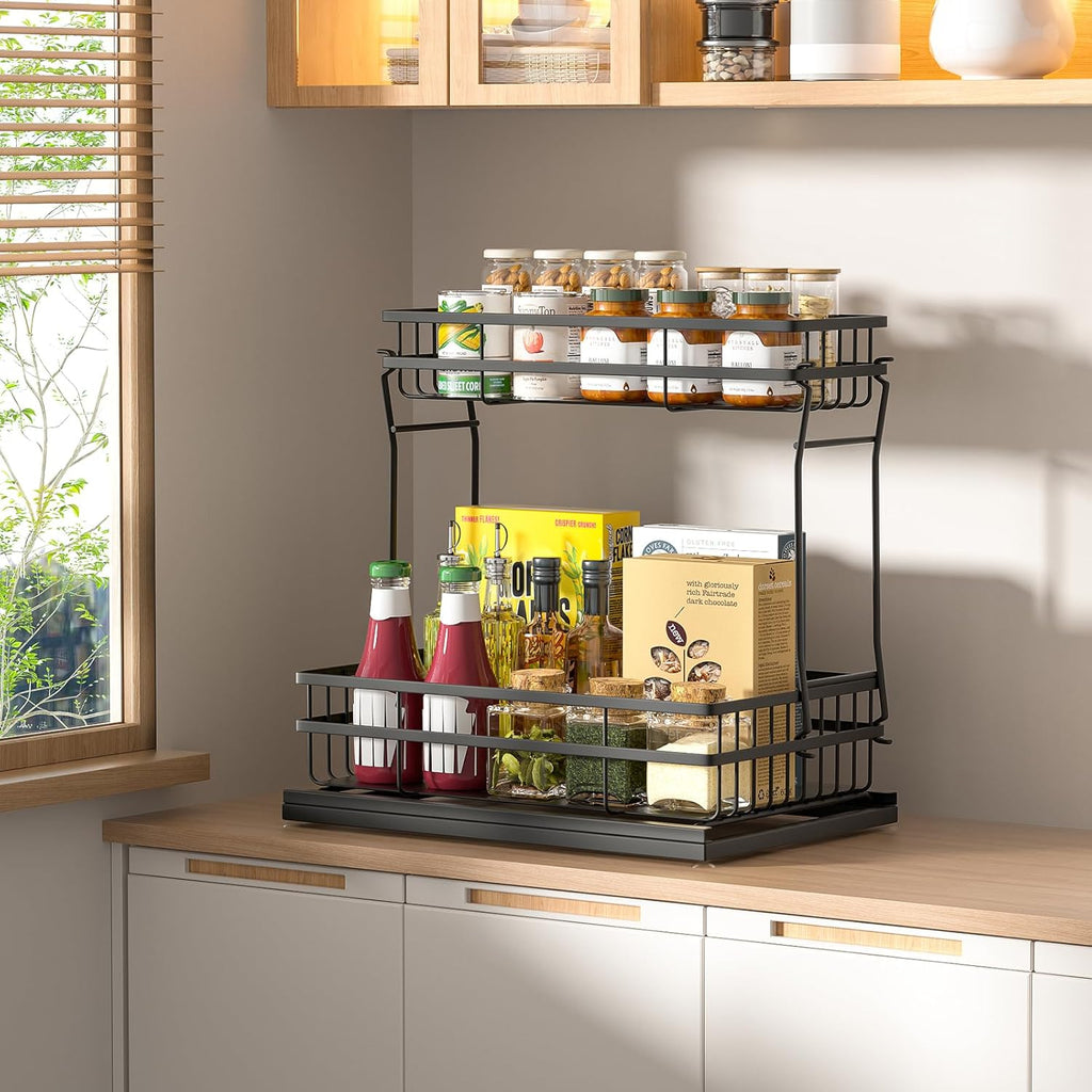 Skiennix Under Sink Organizer - 2 Tier Pull-Out Cabinet Storage with Metal Sliding Drawers | Black