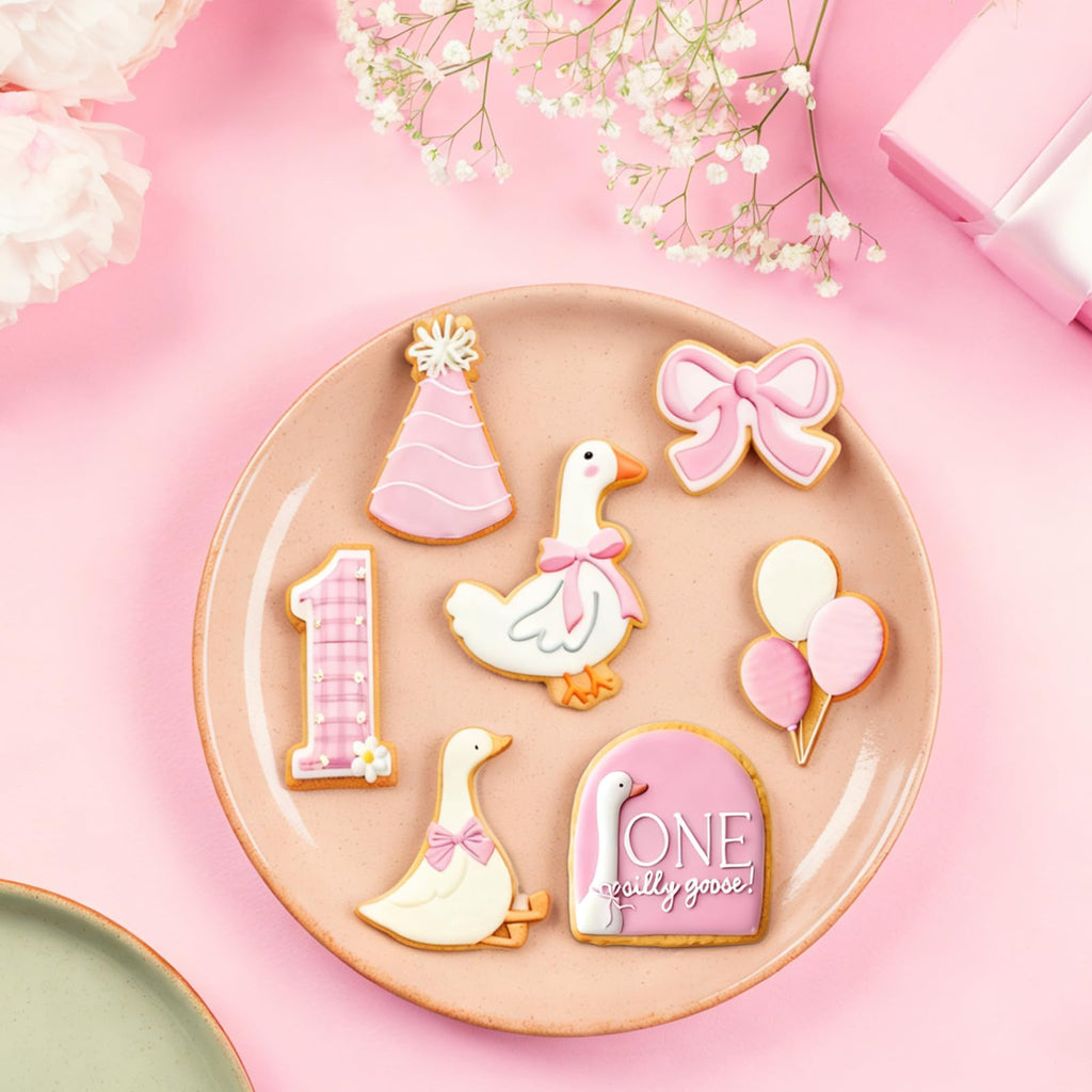 JarThenaAMCS 7Pcs One Silly Goose Baby Shower Cookie Cutters Set Biscuit Cutter Cute Goose Bow Birthday Hat Stainless Steel Cookie Cutting Molds for First Birthday Supplies