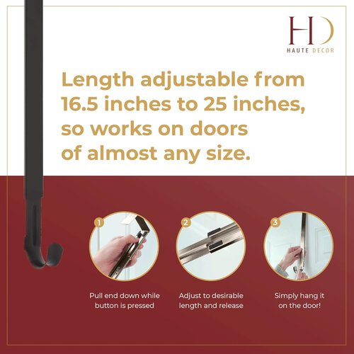 Haute Decor Over The Door Wreath Hanger Hook - Adjustable Length, Holds Up to 20 lbs - Matte Black, 2-Pack