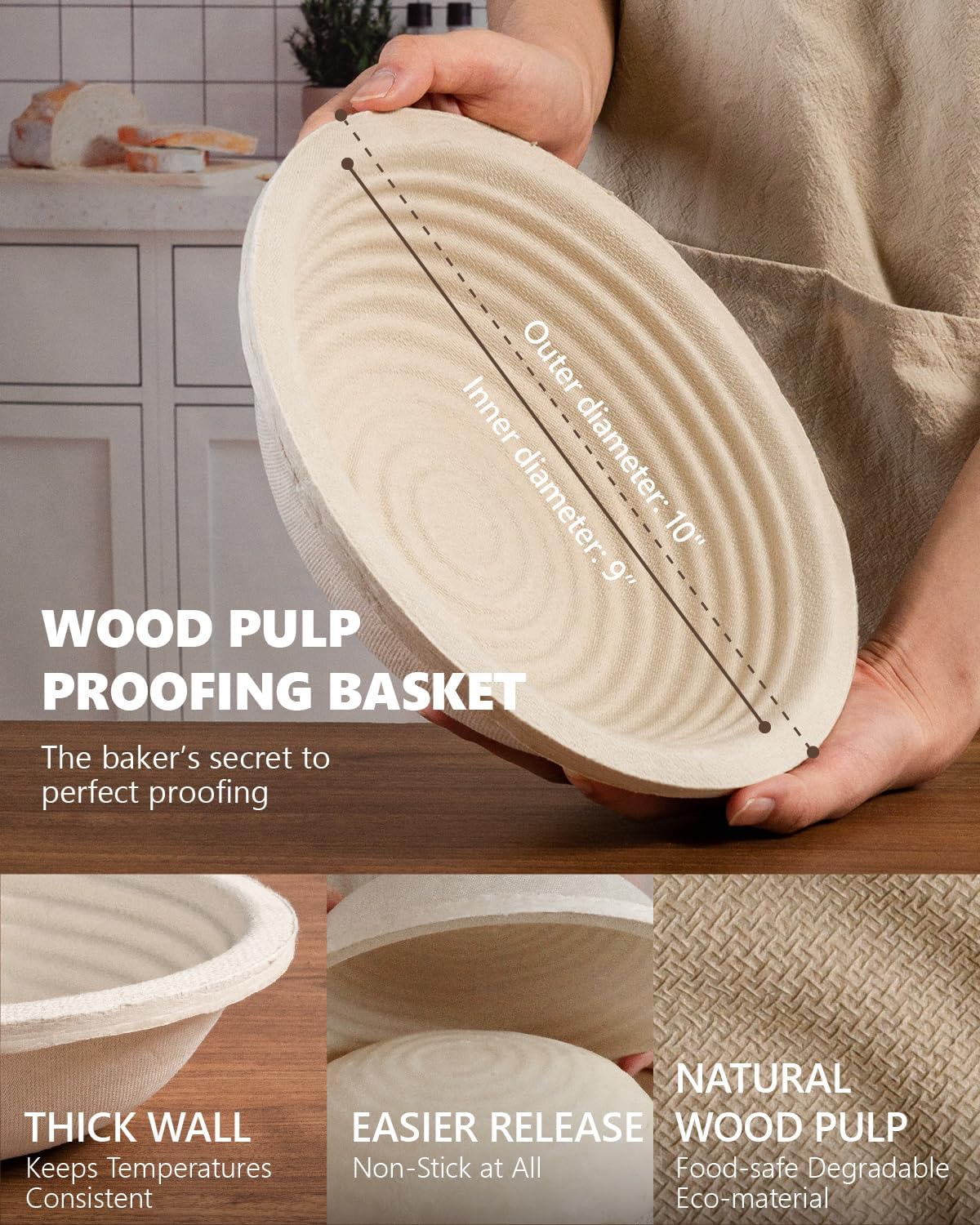 Wood Pulp Banneton Bread Proofing Baskets - Set of 2, 9-Inch Round Sourdough Baskets with Liner