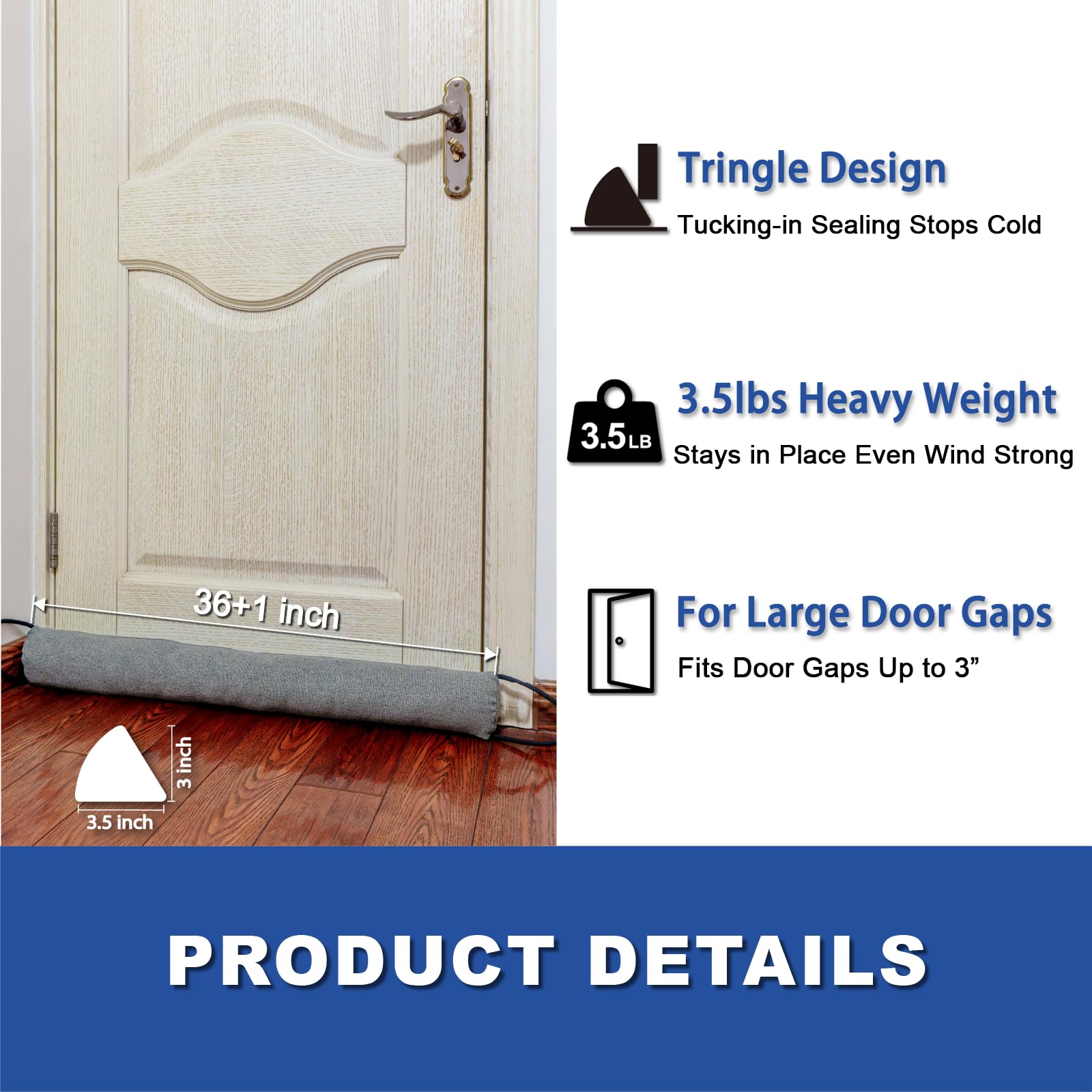YOUFi 36 Inch Weighted Door Draft Stopper, 3.5lb Heavy Under Door Draft Blocker, Self-Resetting Gap Filler Seal Blocks Cold, Hot Air, Noise, with Non-Slip Bottom, Machine Washable Cover