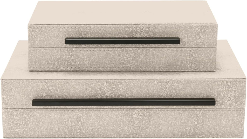 Sagala Ivory Shagreen Decorative Boxes - Set of 2 with Black Metal Handles | Modern Faux Leather Storage Solutions