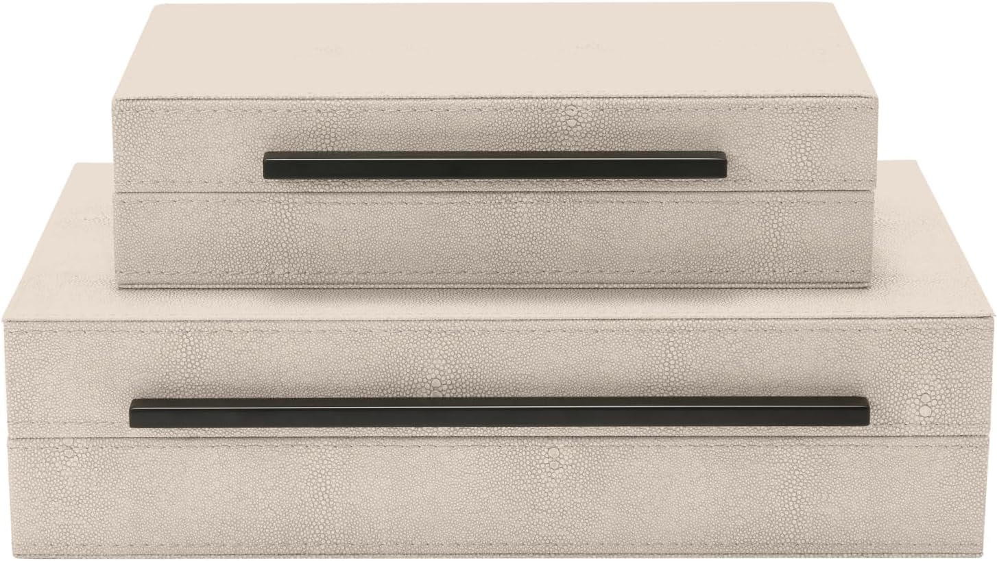 Sagala Ivory Shagreen Decorative Boxes - Set of 2 with Black Metal Handles | Modern Faux Leather Storage Solutions