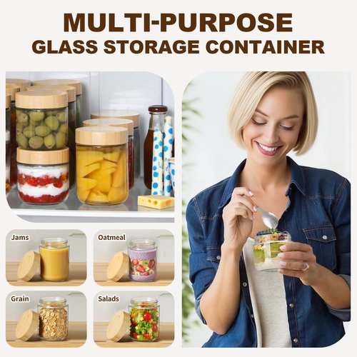qiaomifeng 2 Pack 16oz Glass Jars with Bamboo Lids, Overnight Oats Containers with Airtight Lids, Storage Containers Wide Mouth Mason jars for Salad,Yogurt, Sugar, Snacks, Spices