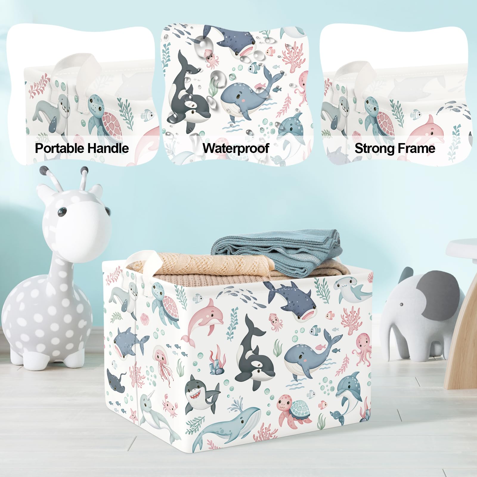 Clastyle Adorable Ocean Animal Laundry Basket Shark Kids Clothes Book Storage Basket Gift Toy Box for Bedroom Decor,Whale,40x30x30 cm