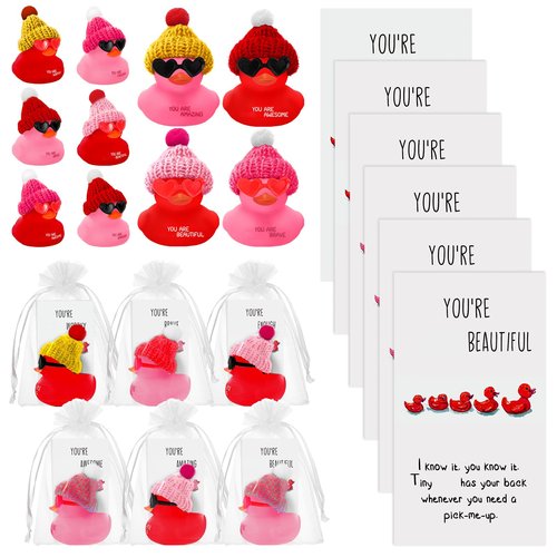 Liliful 2 Inch Rubber Ducks Bulk with Hats Glasses You Are Awesome Sign Card Employee Appreciation Gift for Friends Staff Team Coworker Exchange(24 Sets,Pink,Red)