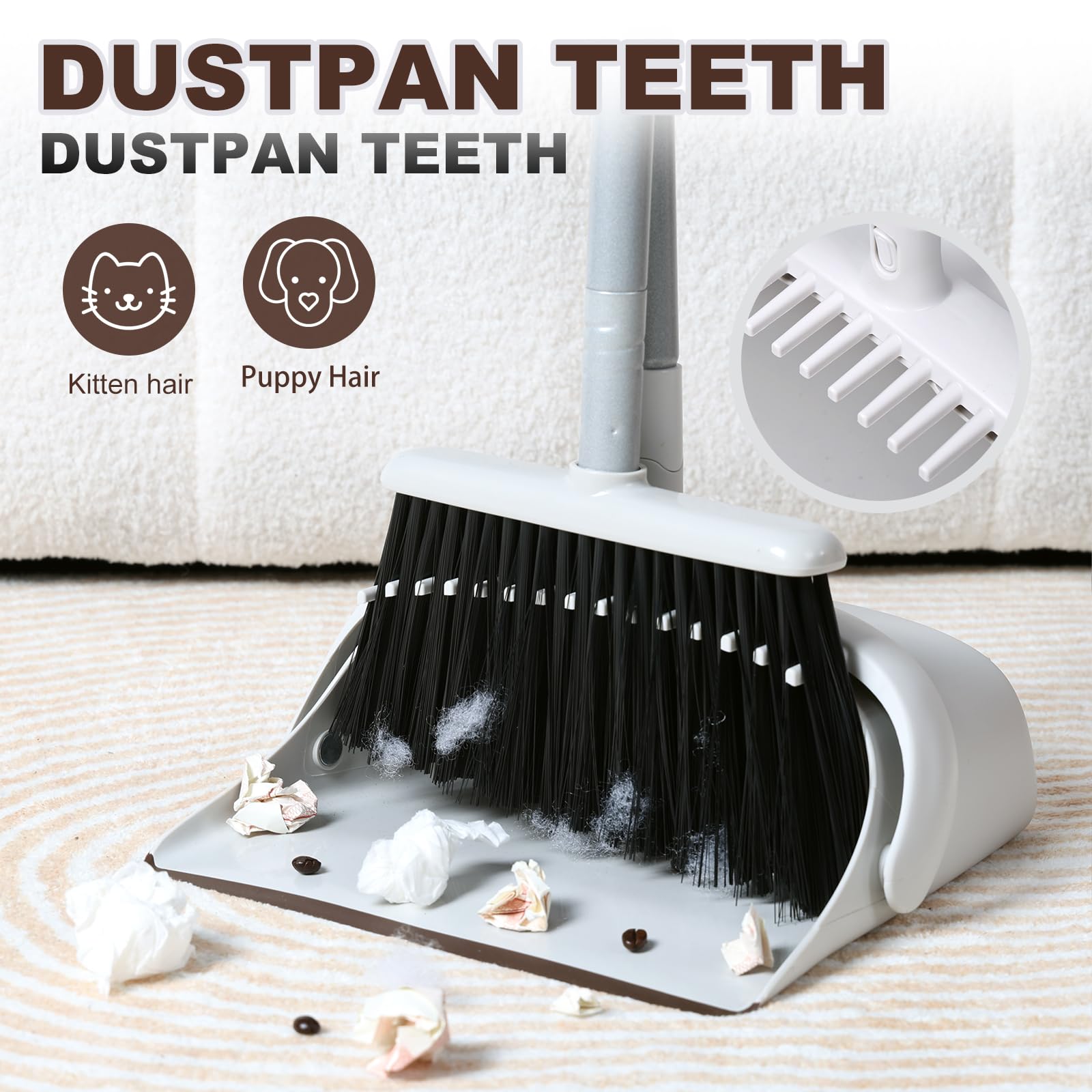 Jekayla 54" Long Handled Broom and Dustpan Set - Perfect Dust Pan and Brush Combo for Efficient Cleaning, Brown and White