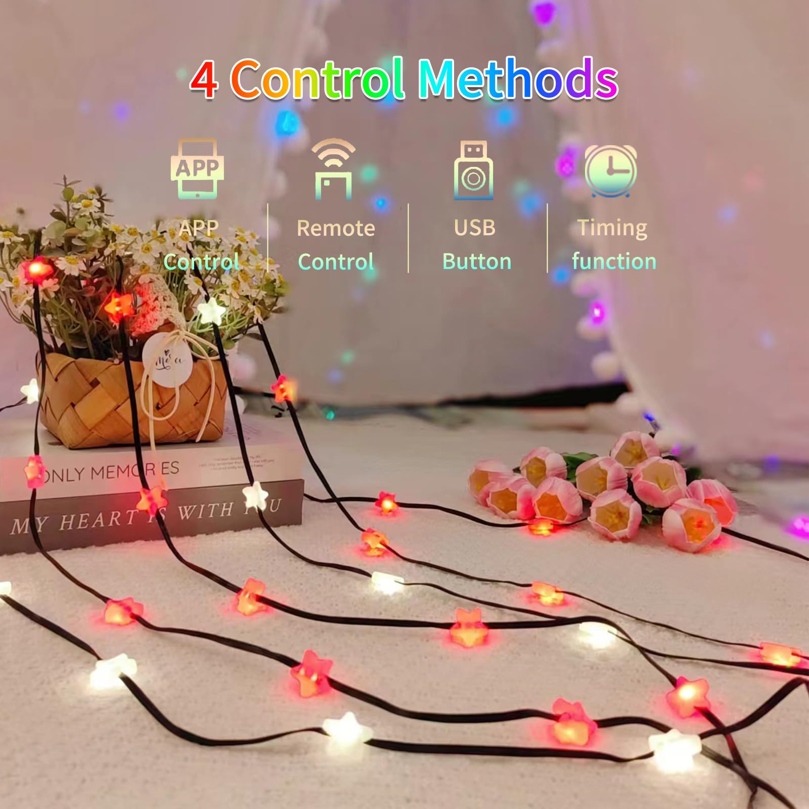 YOOWARM Smart Star Fairy Lights, 33FT 66 LED String Light, Tent Lights for Party with App, Music Sync,Group Control String Lights for Bedroom, Party, Wedding, Holiday Decorations (Star)