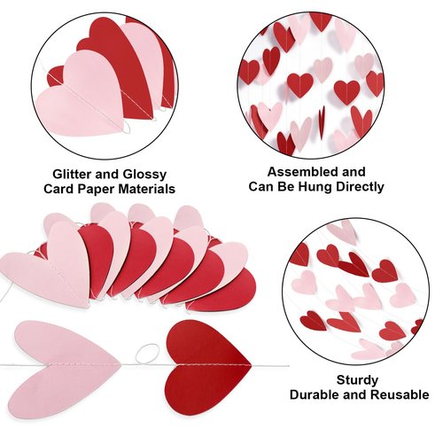 8 Pack Red Pink Heart Garland Valentines Decorations Heart Paper Streamers Banner for Valentines Galentines Birthday Bridal Shower Wedding Engagement Anniversary Party Supplies