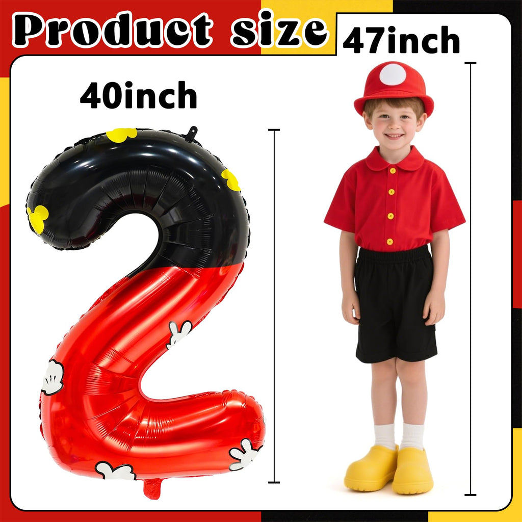 YIIHMEI 40 Inch Cartoon Mouse Number 2 Balloon Black Red Balloons,Giant Number with Animation Style Balloons for 2nd Anniversary Birthday Theme Party Decorations Supplies