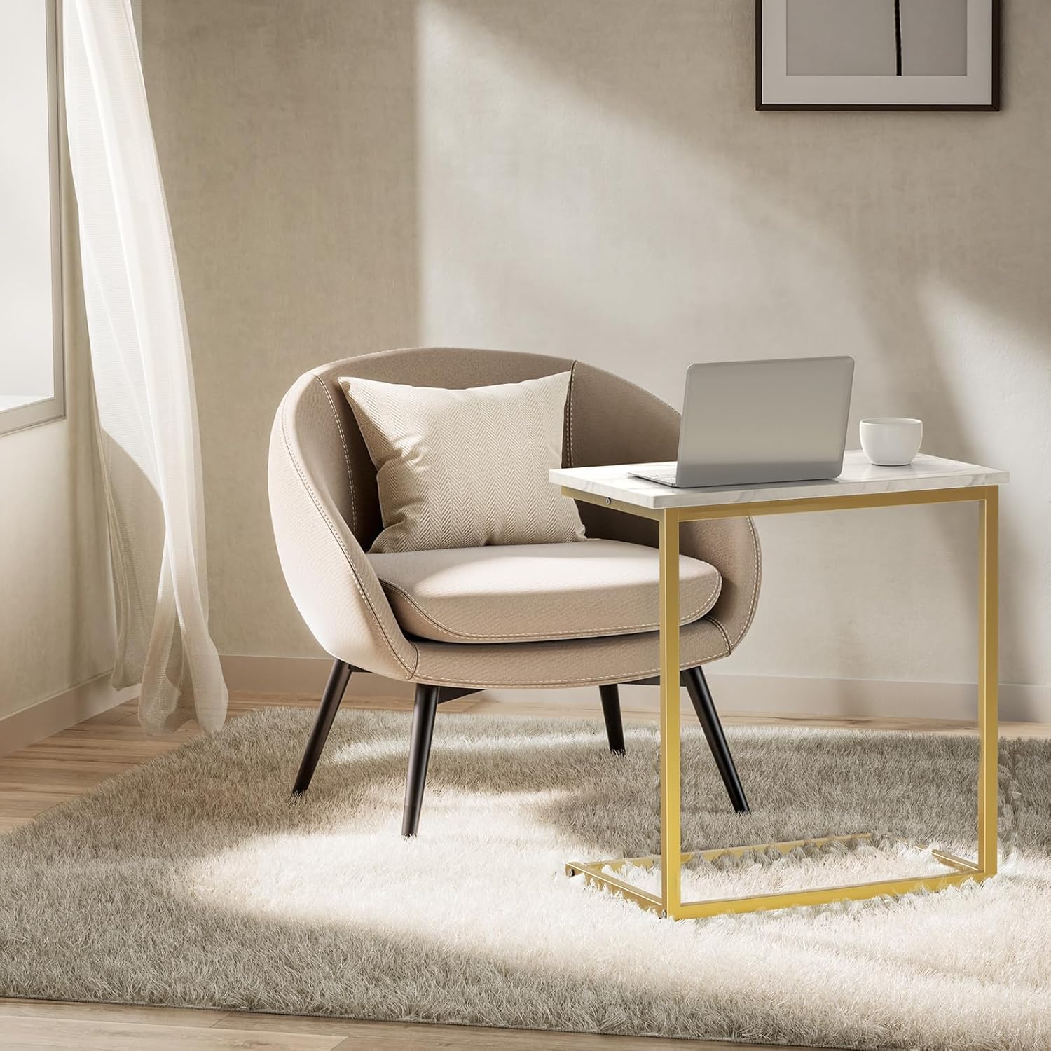 Pipishell C Shaped End Table - Modern Marbling Wood Top, 27-Inch High - Perfect for Couch or Sofa