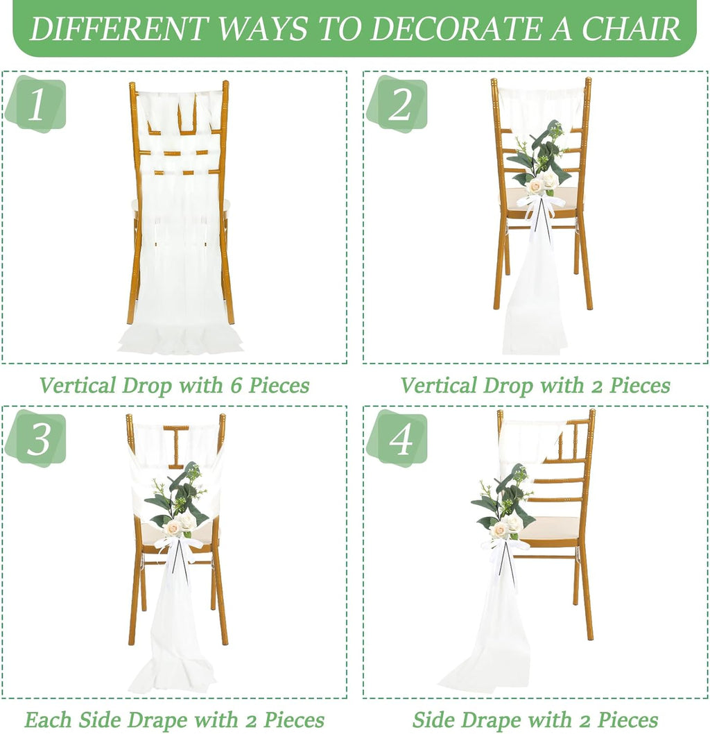VitalCozy Wedding Aisle Chair Decorations - 24 Set Chiffon Sashes with Ribbon Bows & Eucalyptus Florals