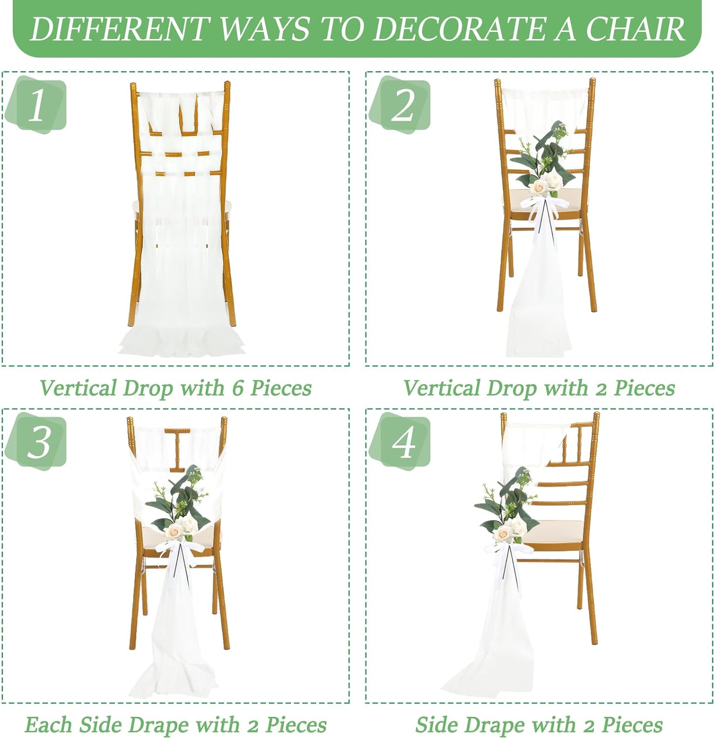VitalCozy Wedding Aisle Chair Decorations - 24 Set Chiffon Sashes with Ribbon Bows & Eucalyptus Florals