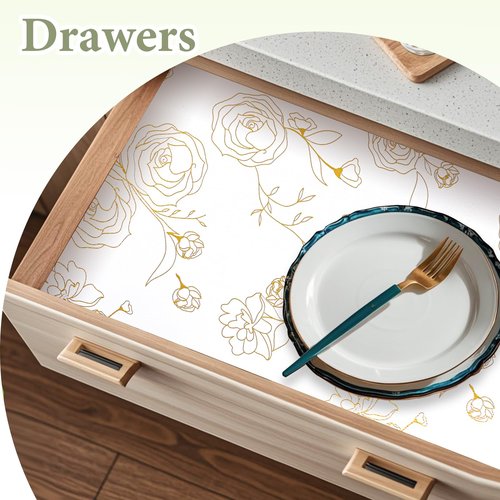Shelf Liners for Kitchen Cabinets Non Adhesive Drawer Liner 23.6in x 20FT Gold Floral Thickened Shelf Liner Paper Strong Non-Slip Easy to Clean for Tool Box Refrigerator
