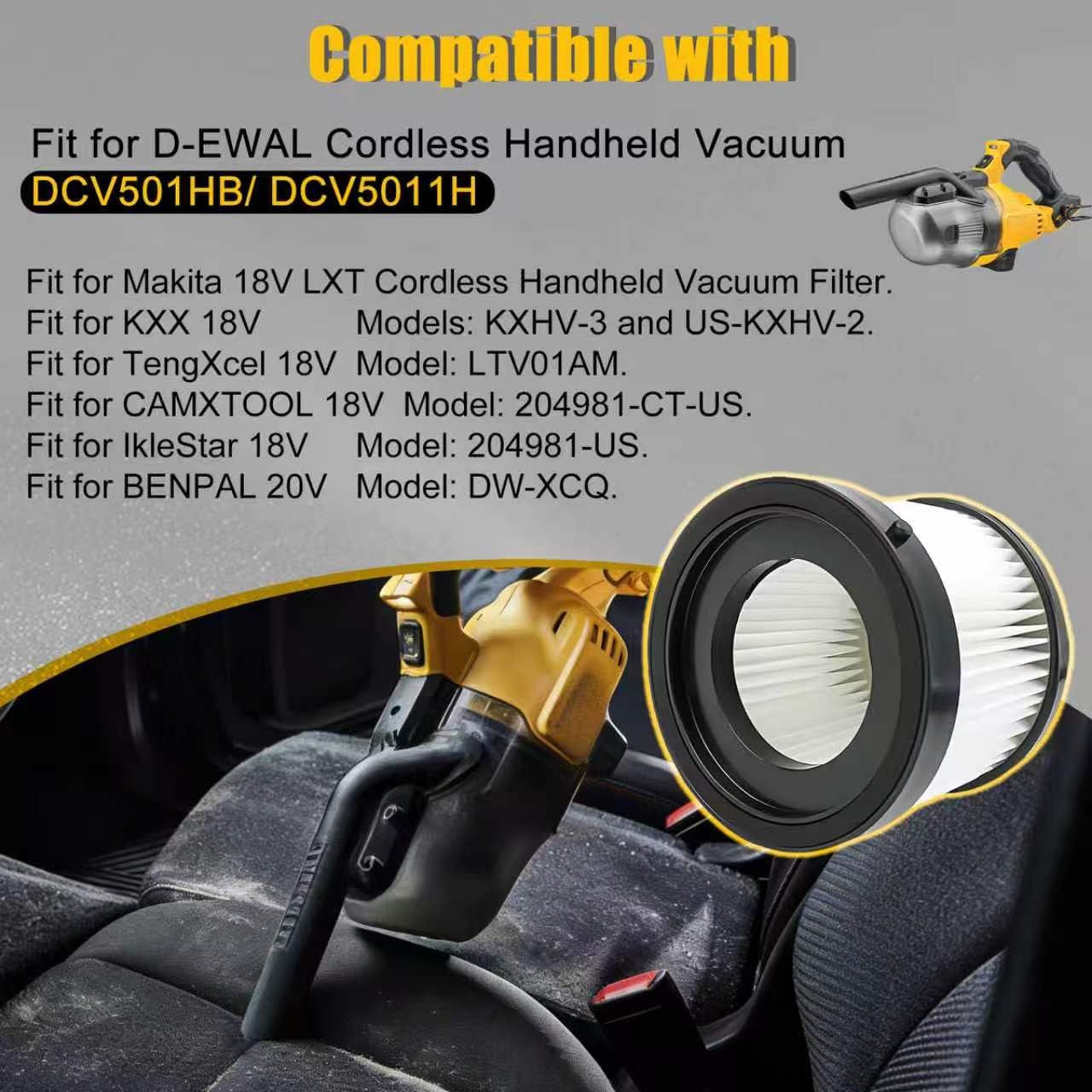 4-Pack DCV5011H DCV501HB Replacement HEPA Filters attachmentCompatible With DEWALT 20V Cordless Handheld Vacuum Cleaner WashableAnd Reusable Accesso