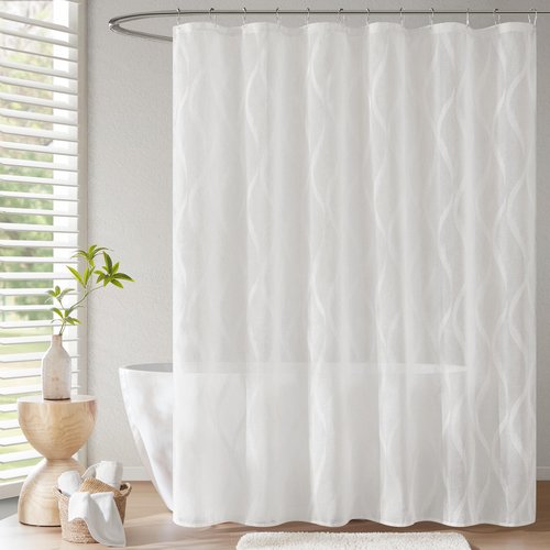 Madison Park Candice Sheer Shower Curtain, Lightweight Sheer Fabric with Geometric Pattern, Modern Bathroom Decor, Machine Washable, 72"x72", White